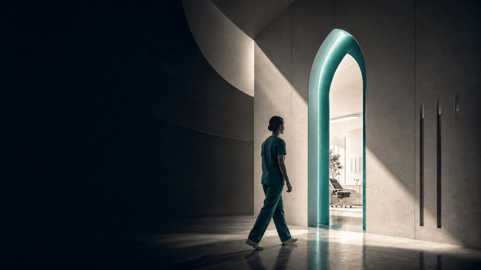 An international healthcare professional walking toward a brightly lit clinical space through a teal architectural threshold